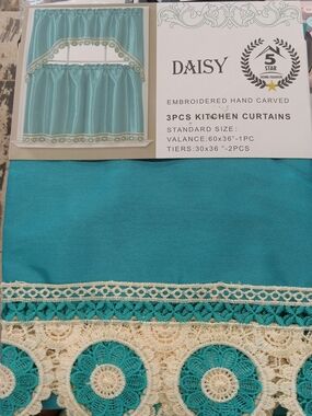 Daisy Turquoise and Cream Embroidered 3-Piece Kitchen Curtain Set